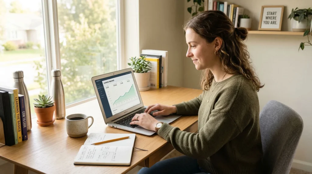 Beginner starting their online survey job journey at a desk motivated to earn money online the right way