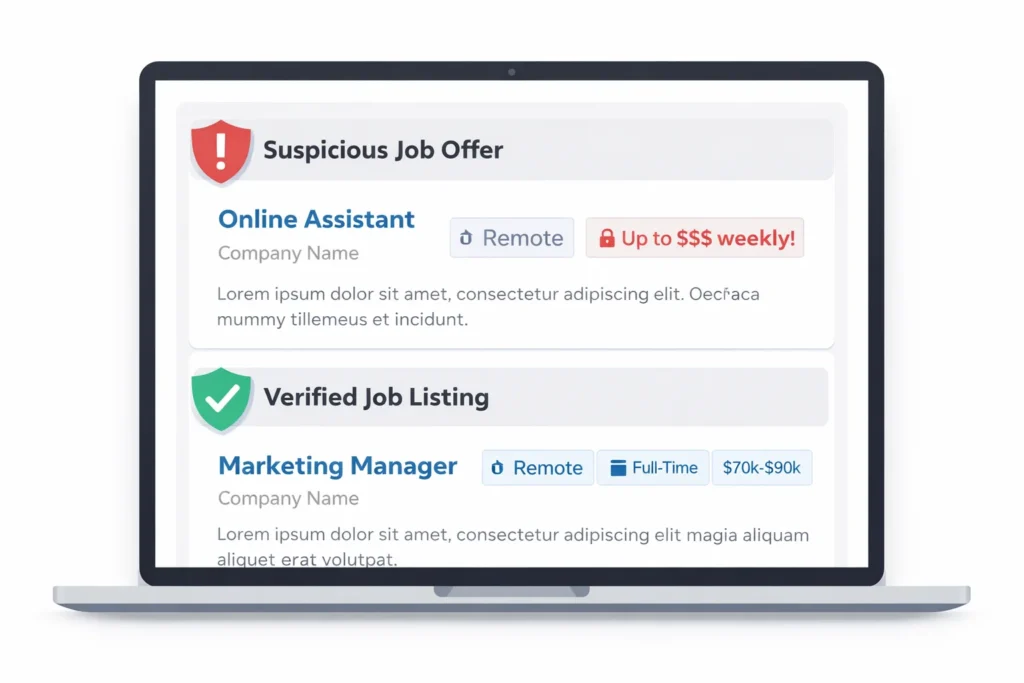 a suspicious-looking job offer on a laptop screen