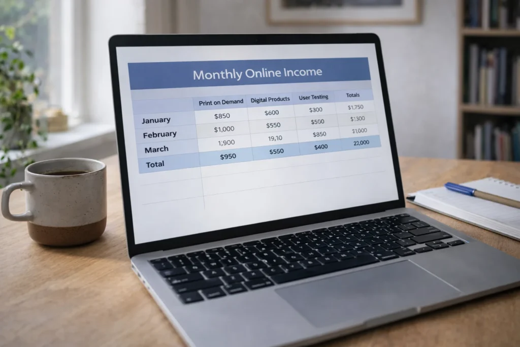 A laptop screen showing a spreadsheet tracking online income from different methods, with a coffee cup and notebook nearby, representing organised work habits.