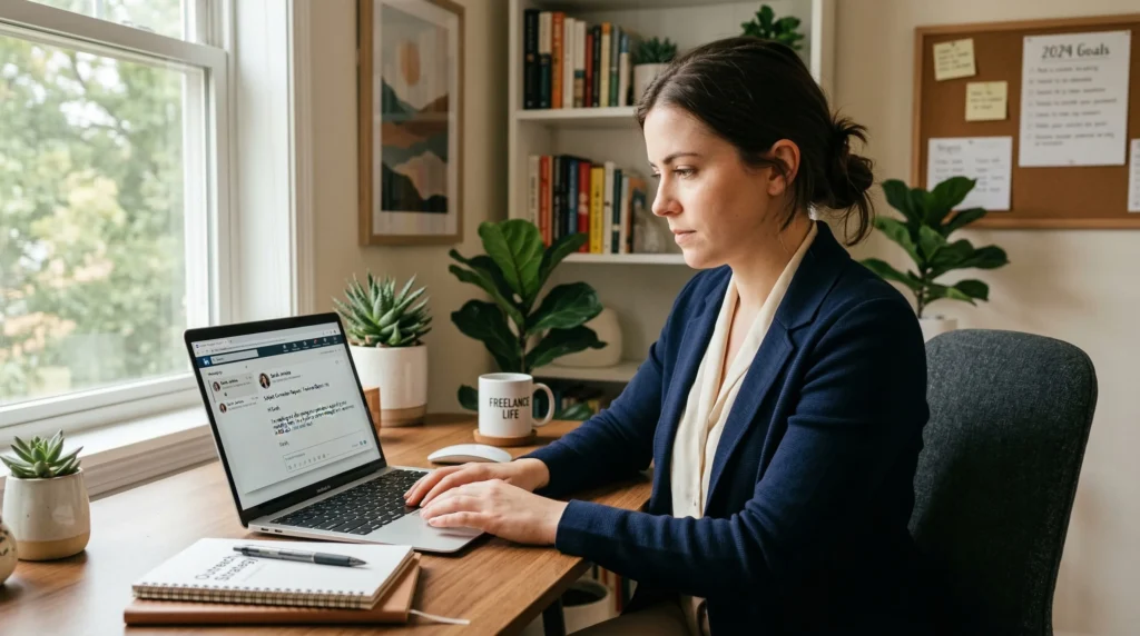 A young professional sending a professional email or LinkedIn message on a laptop, clean home office background