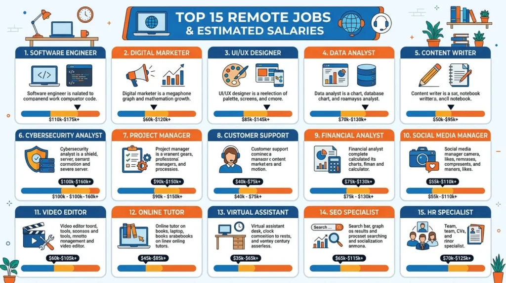 Infographic showing comparison of remote jobs earnings and skill levels for online work from home in 2026
