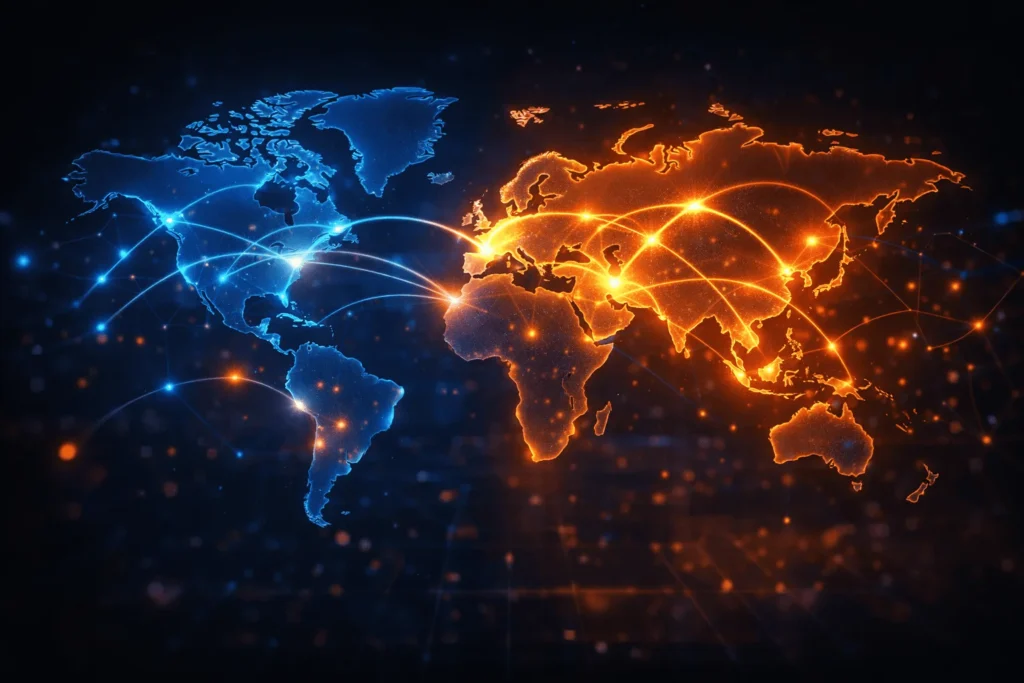 A world map with glowing connection lines between continents, symbolizing global remote work and online income