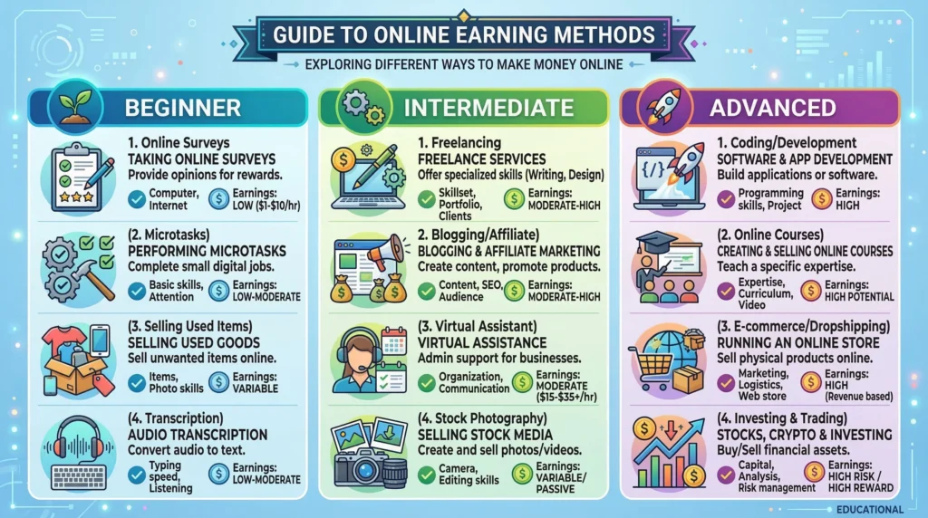 Online earning methods comparison chart for beginners 2026