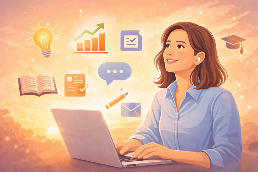 young professional looking at a laptop with a hopeful expression, surrounded by floating icons of growth, learning, and digital tools