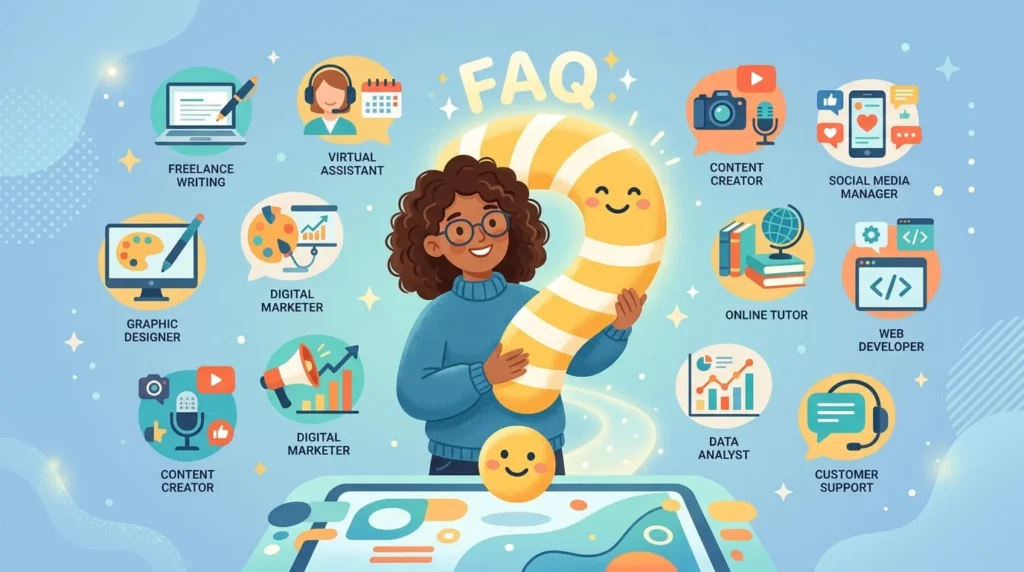 Illustration of a person holding a large question mark surrounded by icons representing online jobs and remote work questions