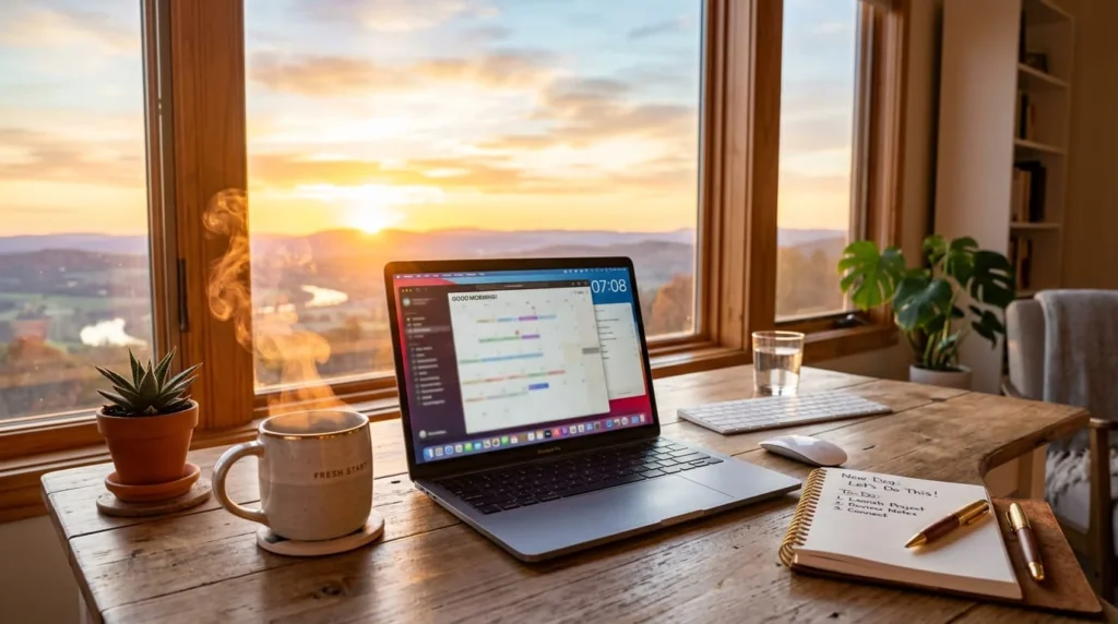 A sunrise over a clean workspace with a laptop, notebook, and a steaming coffee mug