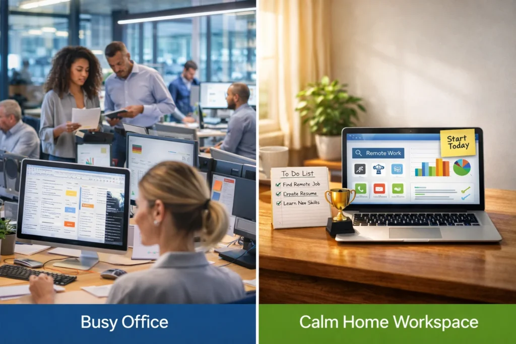 Side-by-side visual comparing a busy office environment vs a calm home workspace setup.