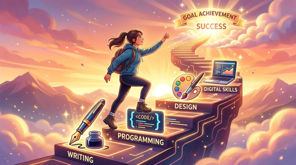 Motivational illustration of a person climbing a staircase made of digital skills icons like writing coding design and laptop reaching a bright goal