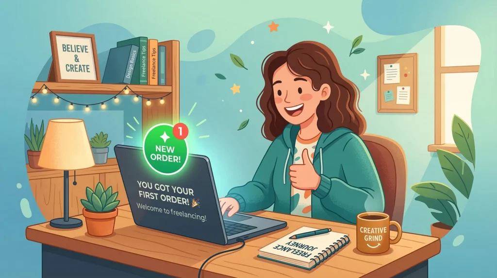 A beginner freelancer celebrating their first order on Fiverr or Upwork — starting a freelance career online in 2026