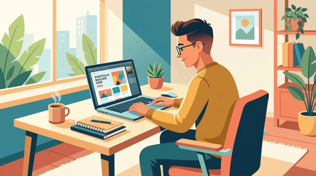 A young person sitting at a clean home desk with a laptop open, bright natural lighting, notebooks, a cup of coffee, looking focused and motivated 