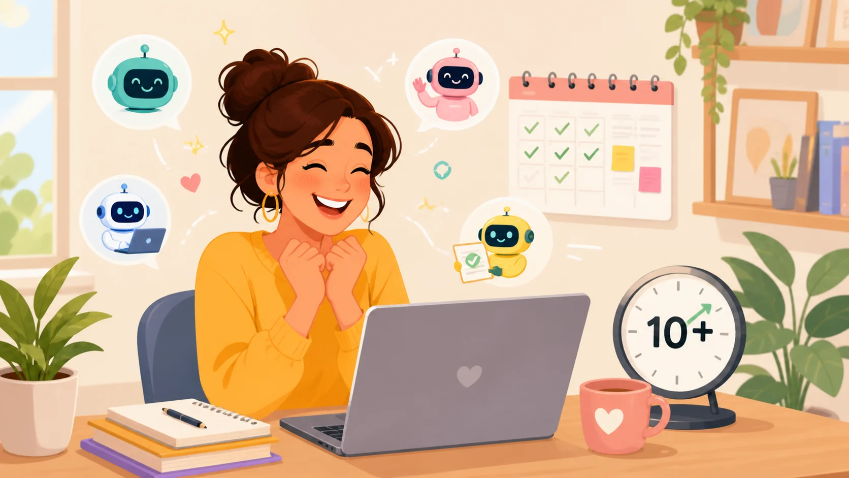 Cheerful beginner at a laptop with a clock showing 10+ hours saved and robot icons, representing AI tools for beginners that save time every week.