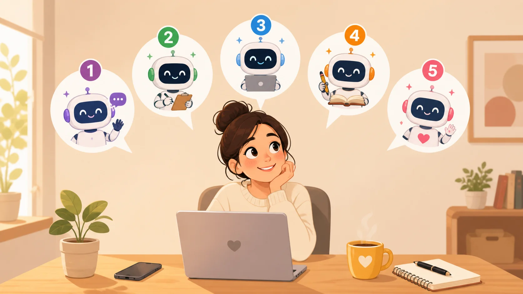 Friendly illustration showing five simple AI apps numbered 1 to 5 floating around a happy beginner, representing how to use AI without tech skills to automate daily life.