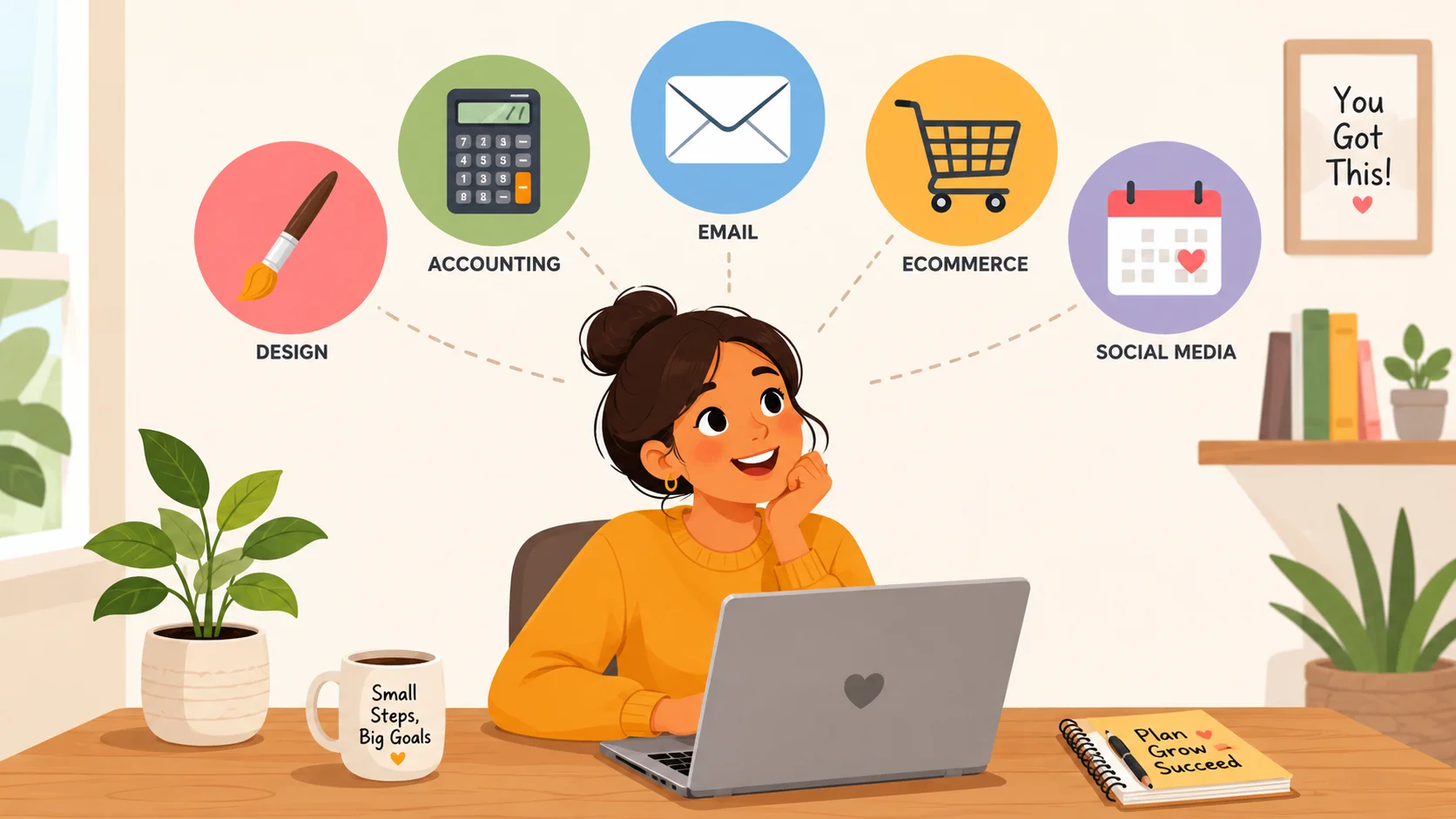 Happy beginner at a desk with five floating business tool icons (paintbrush, calculator, envelope, shopping cart, calendar) representing must-have business tools for beginners to launch and scale online.