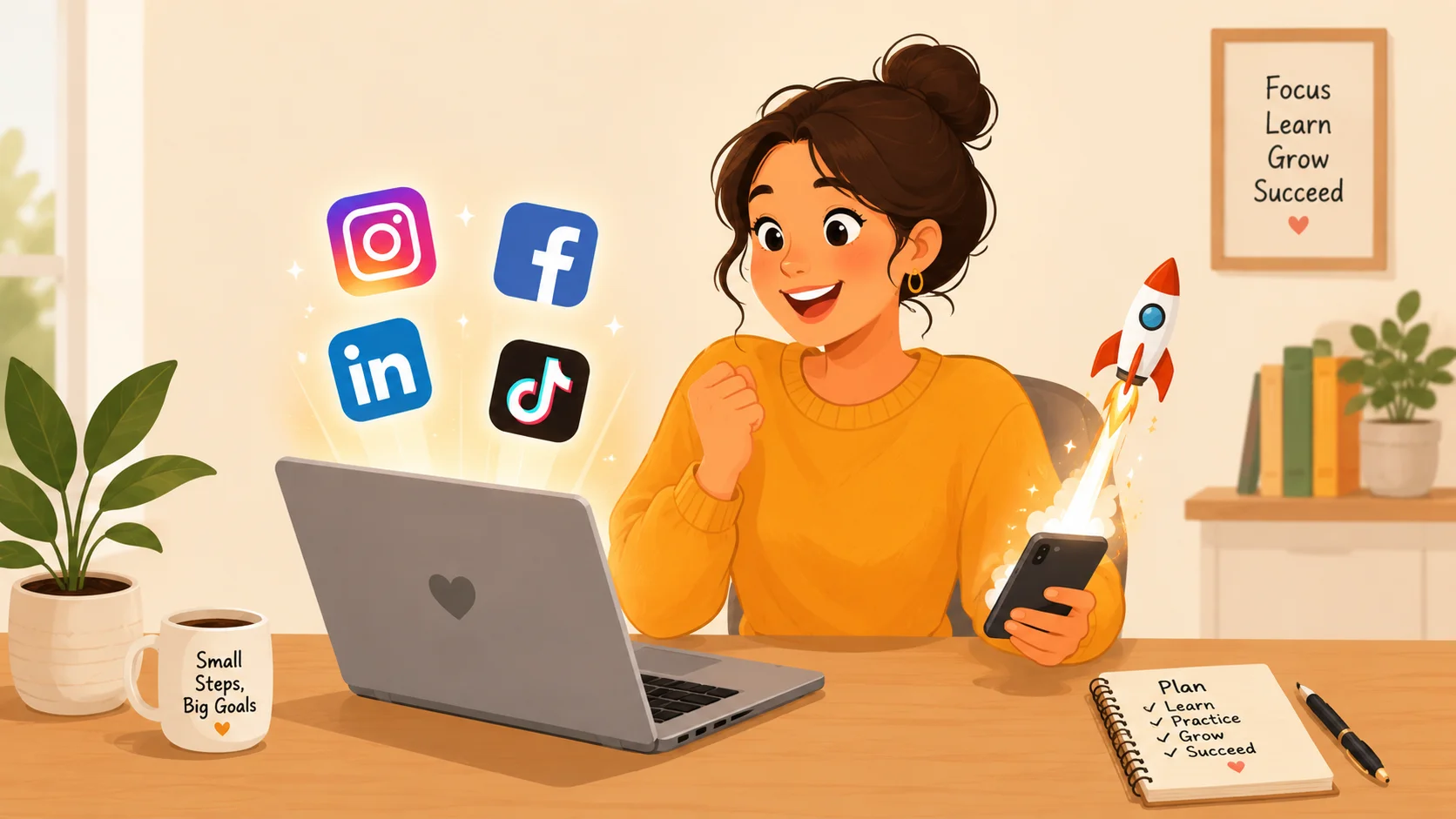 Happy beginner with a laptop showing social media icons and a rocket ship, representing social media tools for rapid brand growth.