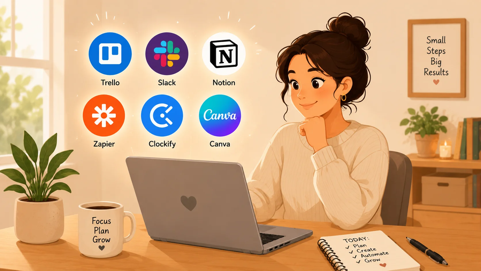 Small business owner at a laptop with six floating icons representing Trello, Slack, Notion, Zapier, Clockify, and Canva — smart productivity tools to streamline small business workflow.