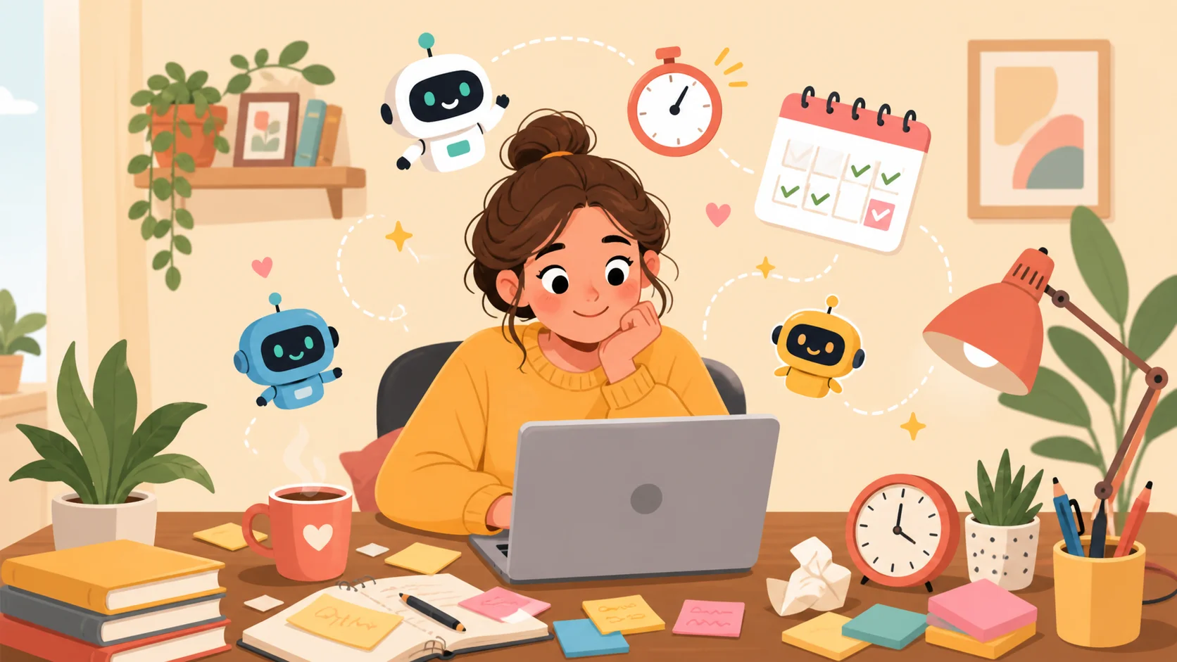 Friendly illustration of a beginner working at a laptop surrounded by floating AI robot icons, a stopwatch, and a calendar with checkmarks, symbolizing AI tools saving time for new users.