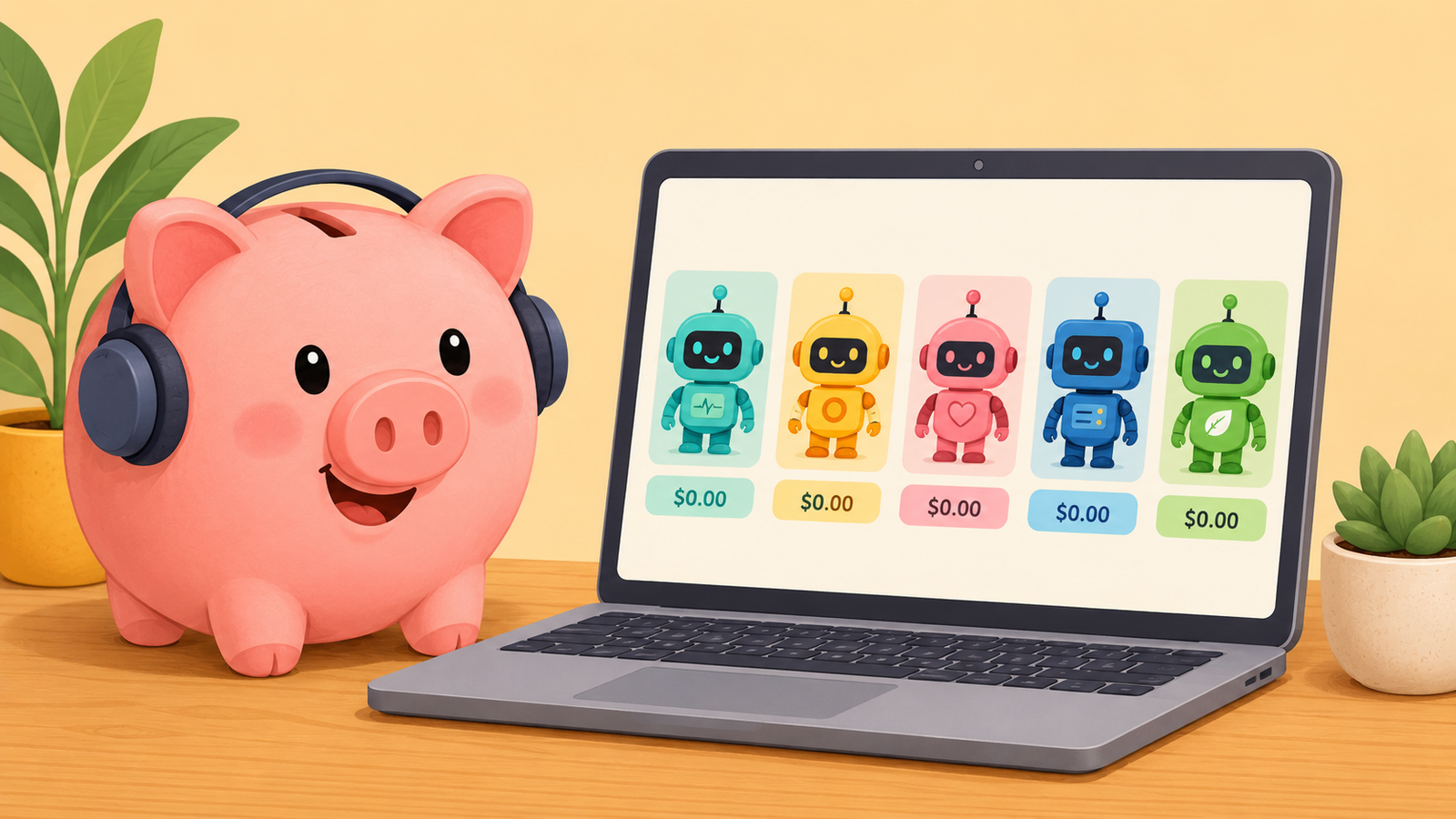 Cheerful piggy bank with headphones sitting next to a laptop showing five robot icons with zero-dollar price tags, representing top free AI tools for beginners who want premium results without paying.