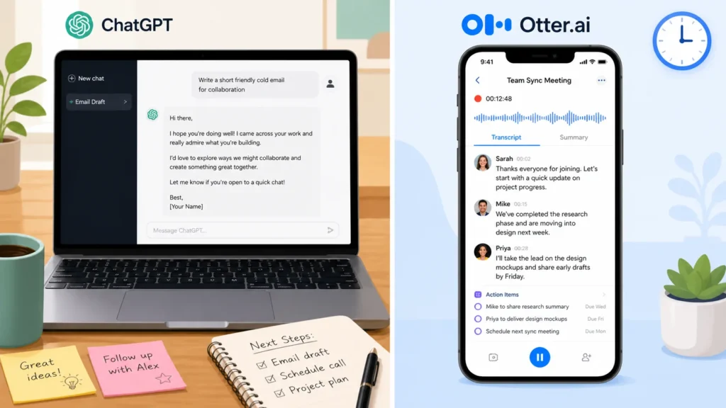 Split screen showing ChatGPT writing emails and Otter.ai transcribing meetings, two AI tools for beginners that save hours on writing and note-taking.
