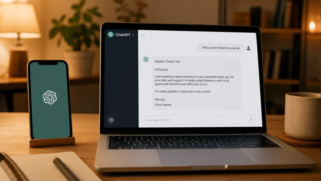 Screenshot-style image of a ChatGPT conversation where a user asks to write a professional thank-you email, showing how beginners can save time on writing tasks.