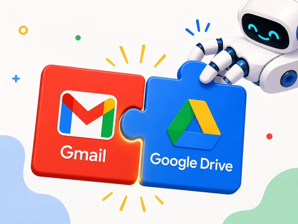 Graphic showing Gmail and Google Drive puzzle pieces connected by a small robot, illustrating how Zapier automates file saving for non-technical users.