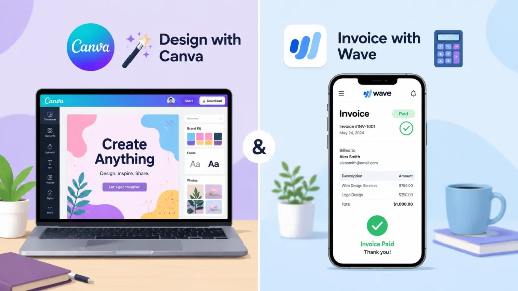 Split screen showing graphic design on a laptop and an invoice on a smartphone, representing Canva for design and Wave for accounting — two must-have business tools for beginners.