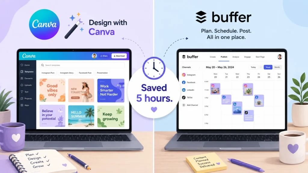 Split screen showing Canva design templates and Buffer scheduling calendar, illustrating two essential social media tools for beginners saving time.