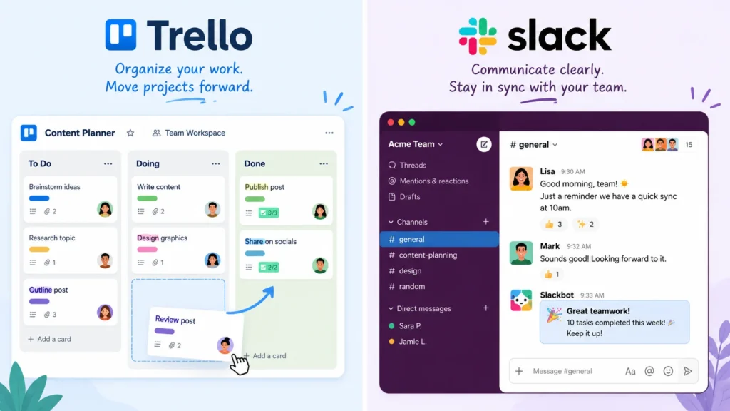 Split screen showing Trello task board and Slack messaging app, two productivity tools that streamline workflow for small business teams.