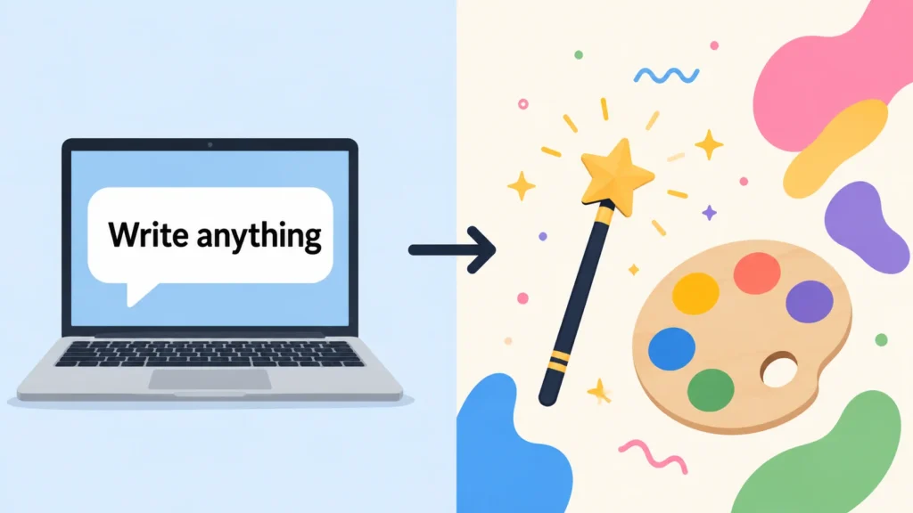 Split illustration showing a laptop with a speech bubble on the left and a magic wand with a paint palette on the right, representing ChatGPT writing and Canva design tools — both completely free for beginners.