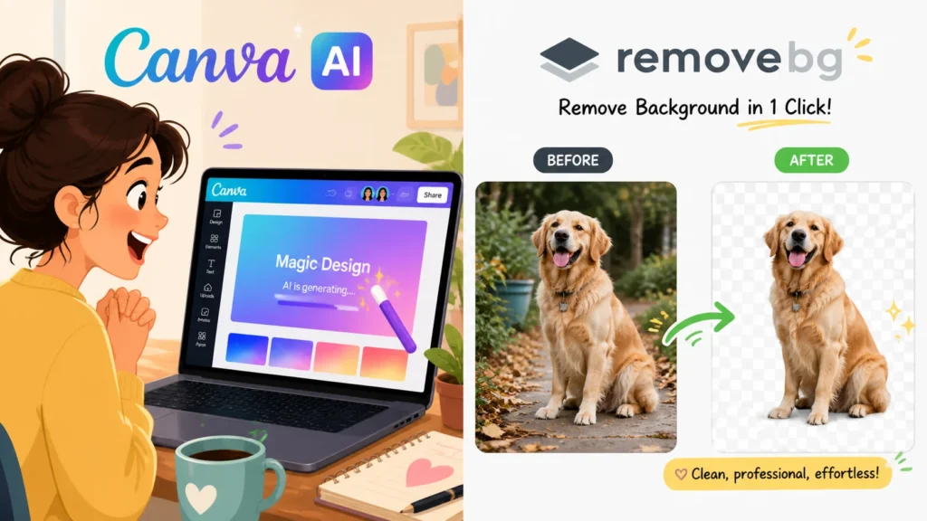Canva AI creating graphics and Remove.bg removing photo backgrounds, showing beginner-friendly AI design tools that save weekly hours.