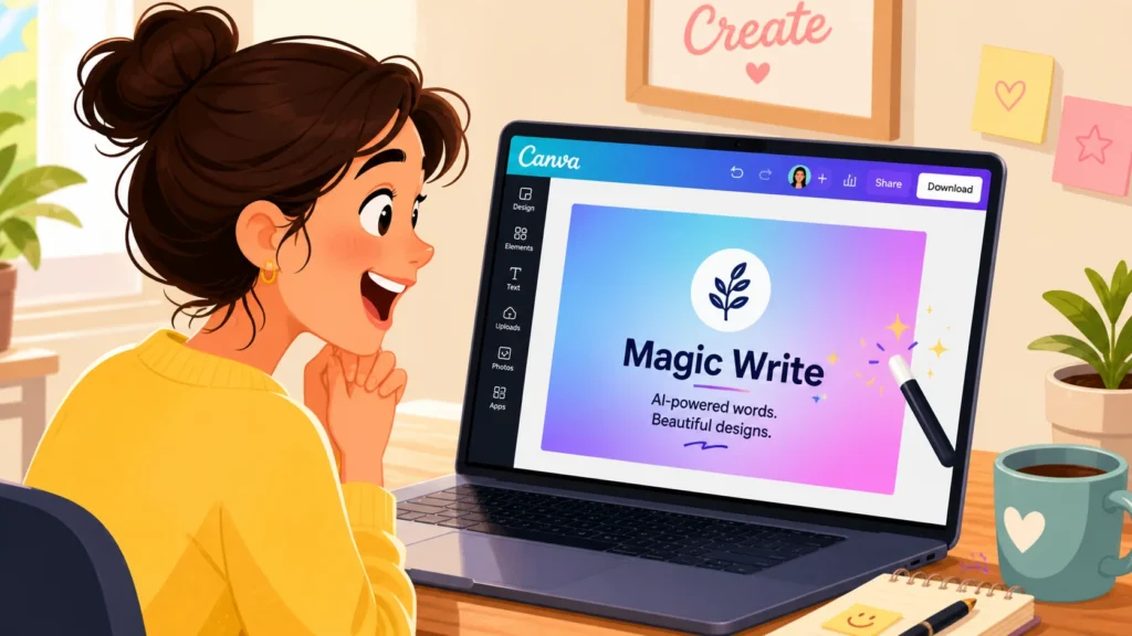 Excited beginner looking at Canva’s AI design tools on a laptop, featuring a magic wand icon and AI-generated graphics, highlighting easy design for non-artists.