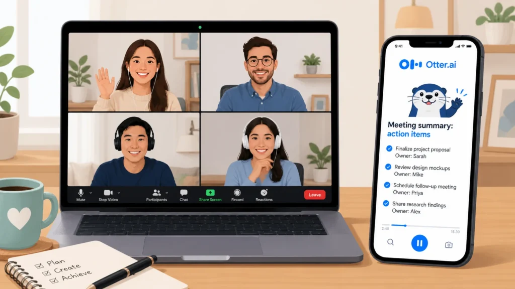 Laptop and smartphone side by side, with Otter.ai showing automated meeting notes and action items, demonstrating AI transcription for beginners.