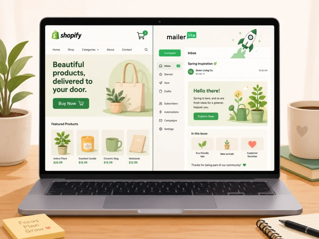 Laptop screen showing an online store on one side and an email newsletter on the other, illustrating Shopify for selling and MailerLite for email marketing as top business tools for beginners.