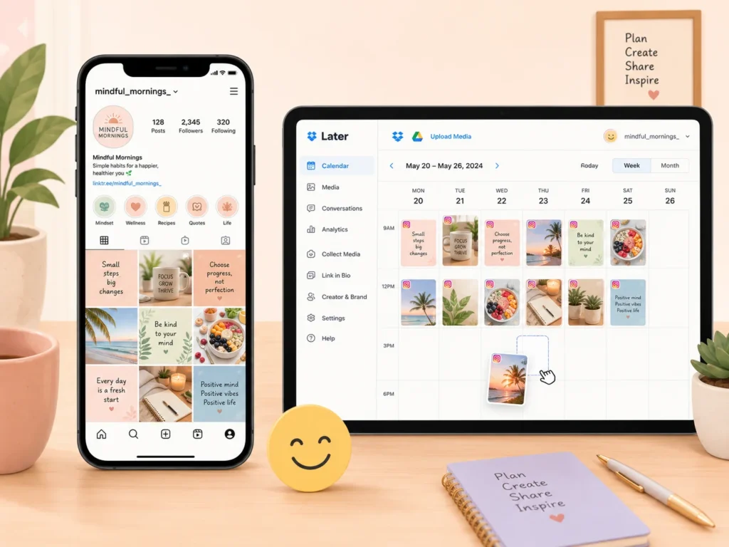 A smartphone showing a cohesive Instagram grid and a tablet showing Later's visual planner, demonstrating how beginners can plan brand aesthetics easily.