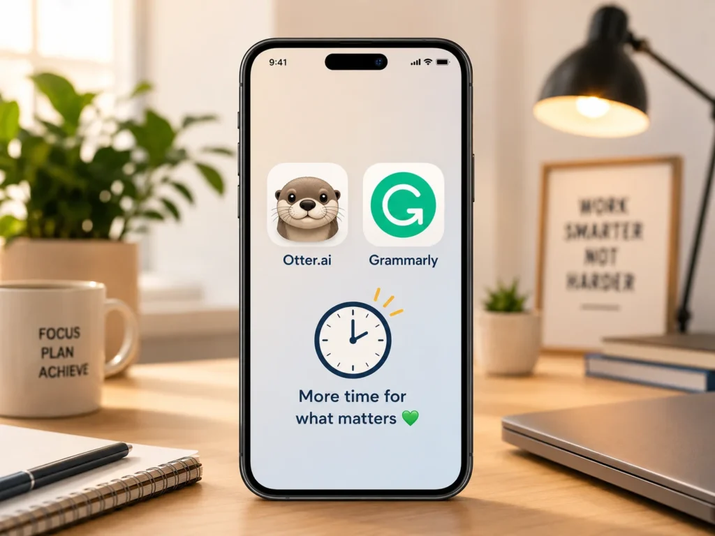 Smartphone displaying Otter.ai and Grammarly app icons next to a clock showing extra free time, illustrating how free AI tools save hours on meetings and writing for beginners.