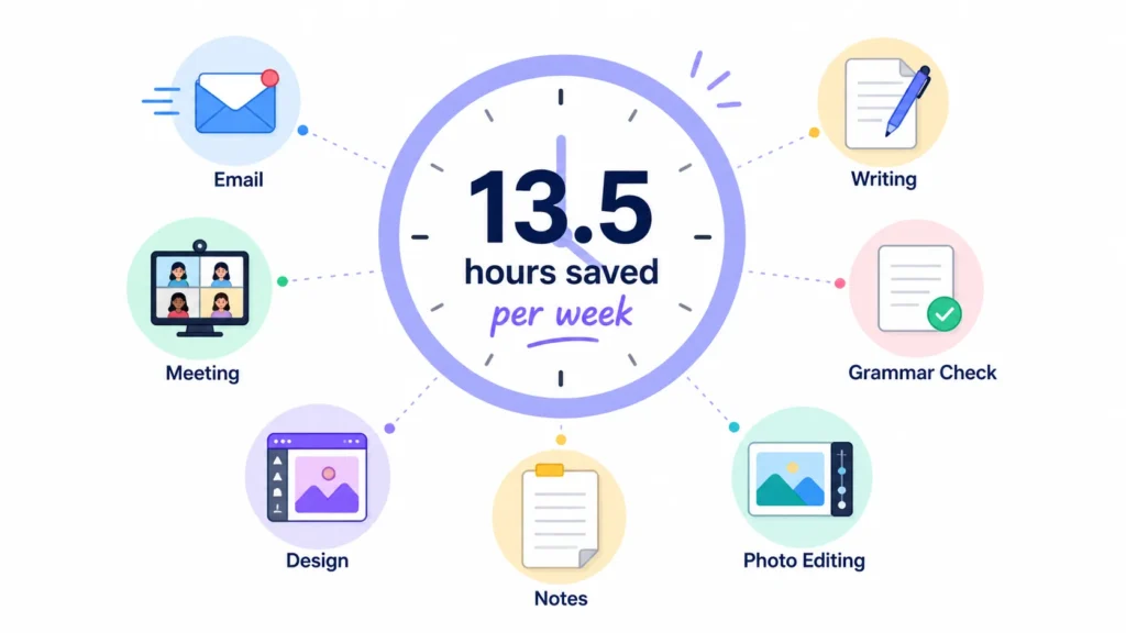 Infographic showing 13.5 hours saved weekly using 7 AI tools for beginners including writing, meetings, design, editing, and note-taking apps.