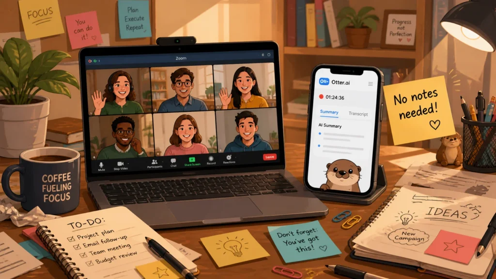 Laptop showing a Zoom meeting and a smartphone displaying Otter.ai transcription app, representing automated meeting notes and time-saving AI for beginners.