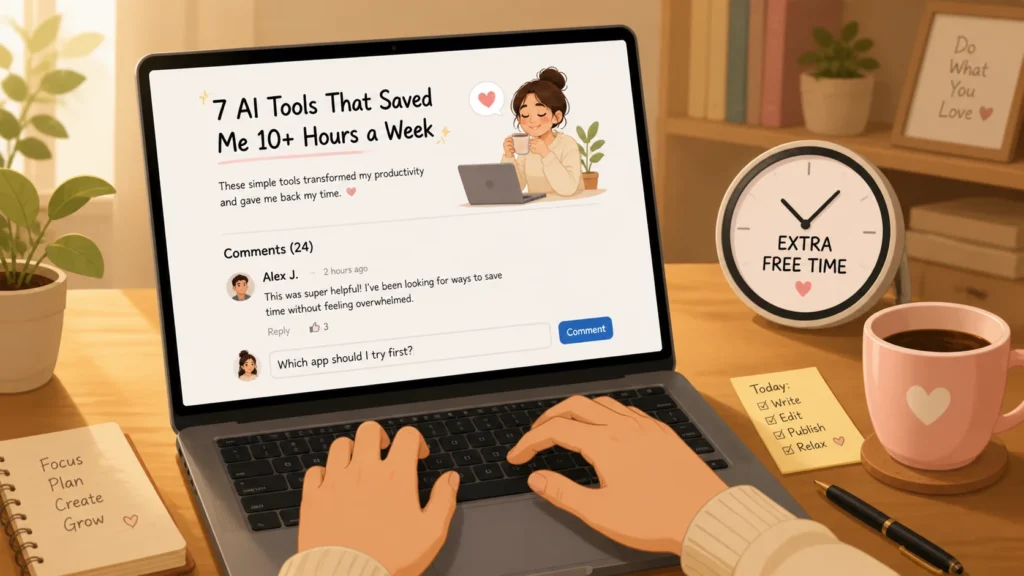 Laptop screen displaying a blog comment asking which AI app to try first, encouraging reader engagement and discussion about automating life without tech skills.