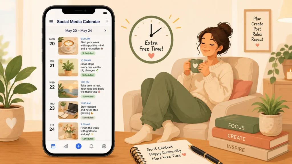 Smartphone displaying a weekly social media schedule with a clock icon and a relaxed person drinking tea, showing how Later saves time for beginners scaling an online business.