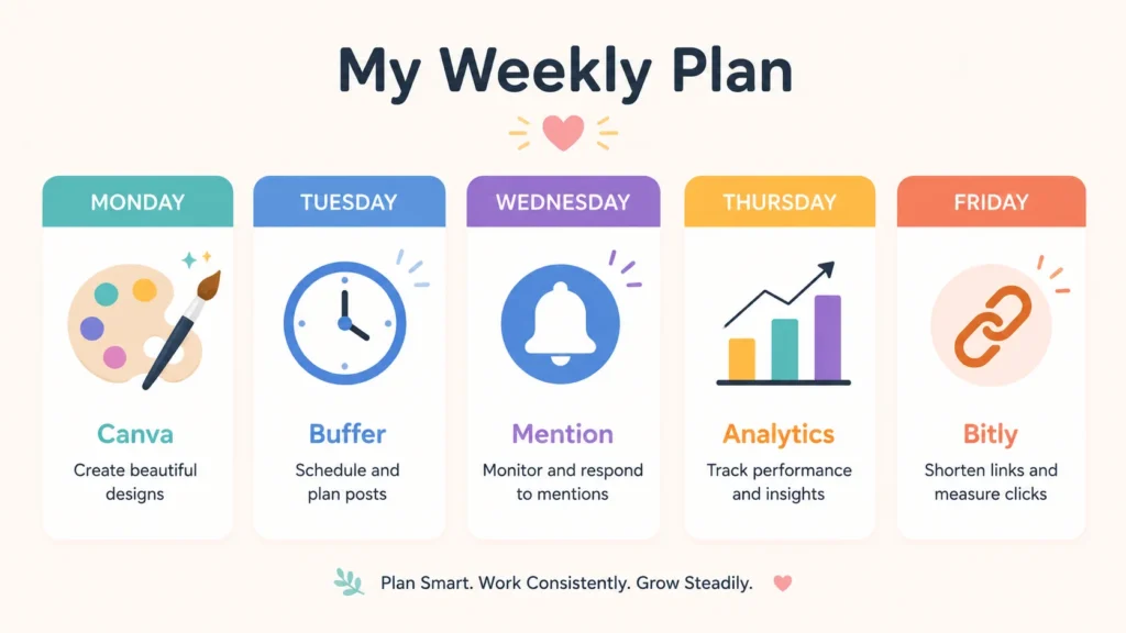 Weekly calendar infographic showing Monday to Friday with social media tool icons, illustrating a beginner-friendly workflow for rapid brand growth using five simple tools.