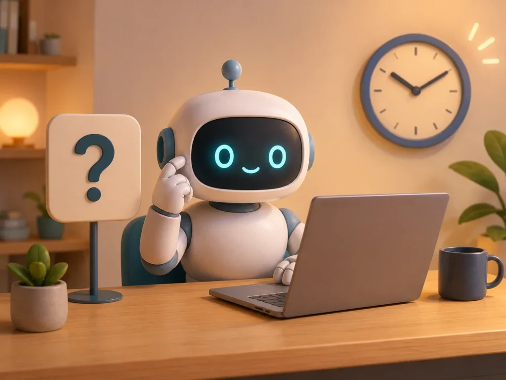 Friendly robot with a question mark and clock, representing frequently asked questions about productivity tools for small business workflow.