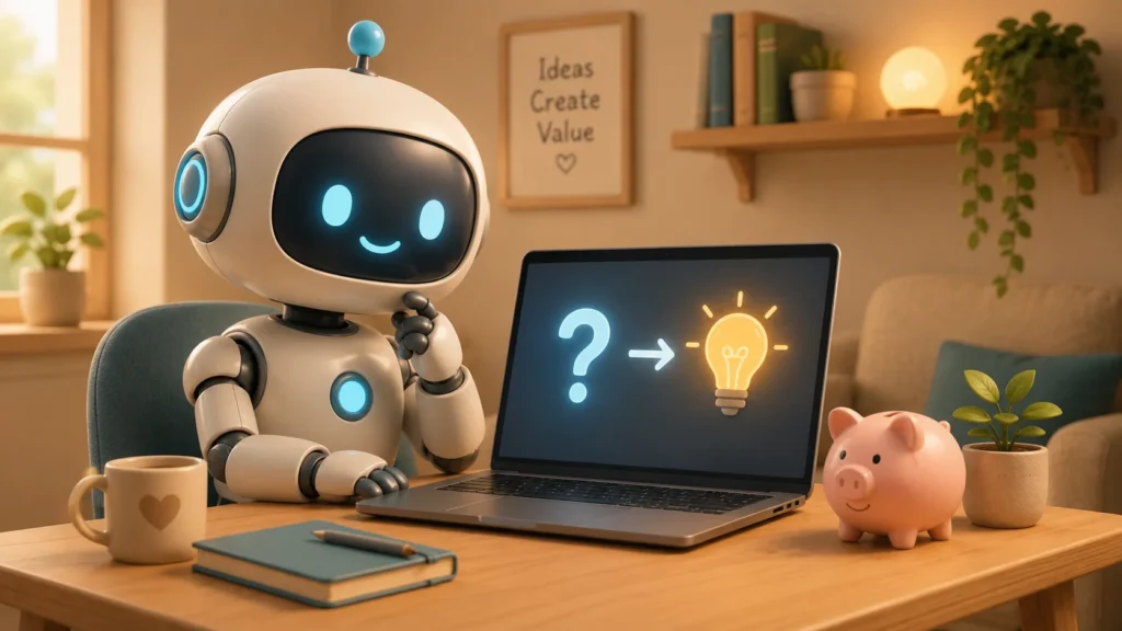 A friendly robot with a laptop showing a question mark turning into a lightbulb, next to a piggy bank, representing a free AI tools FAQ and money-saving solutions for beginners without tech skills.