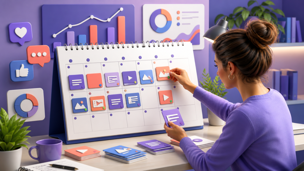 Marketer organizing a 30-day content marketing calendar