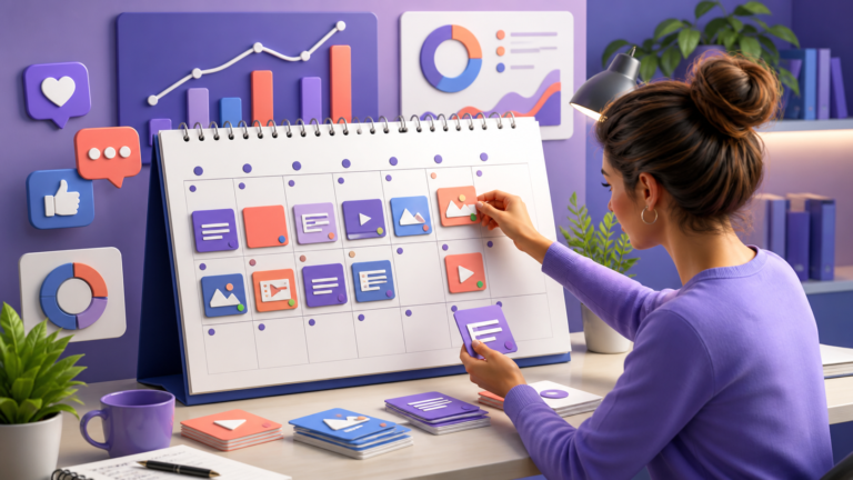 Marketer organizing a 30-day content marketing calendar