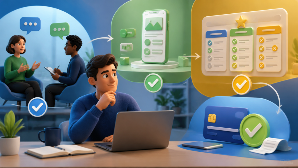 Entrepreneur validating a business idea with interviews and a prototype