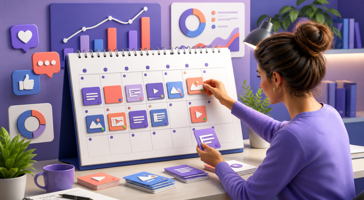 Marketer organizing a 30-day content marketing calendar